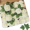 AmyHomie Artificial Flower Ivory Rose 25pcs Real Looking Fake Roses w/Stem for DIY Wedding Bouquets Centerpieces Arrangements Party Baby Shower Valentines Day Christmas Tree Decorations