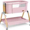 Bassinet Bedside Sleeper, Rocking Bassinets with Comfy Mattress and Wheels for Newborn, 5-Height Adjustable (Pink)