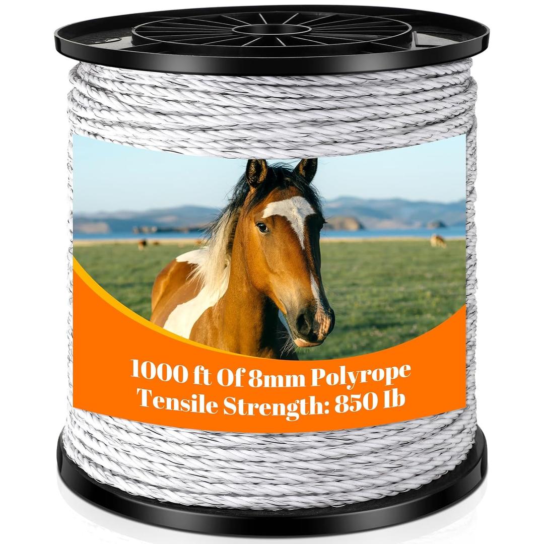Electric Fence Polywire 1000 Feet(305m) Length, 0.3 Inch Wide(8mm) Electric Fencing Wire with 6 Stainless Steel Strands Portable Fence Rope for Livestock Garden (White)