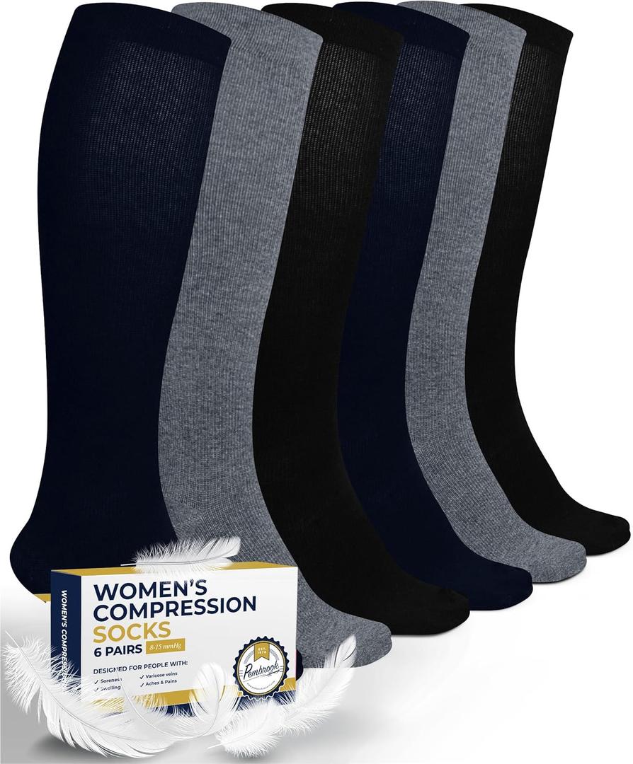 Pembrook Light Compression Socks for Women - 6 Pairs | 8-15 mmHg Cotton Compression Socks Women | Circulation Support (Black, L)