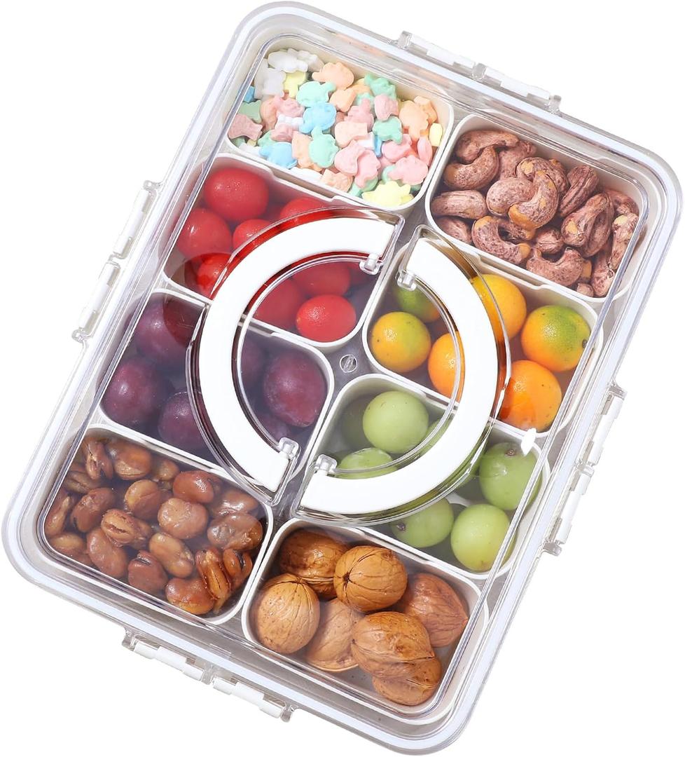 Divided Clear Snackle Box with Lid and Handle Food Serving Tray Fruit & Veggie Container with 8 Detachable Dividers Portable Snack Platters Charcuterie Board Container for Party, Travel