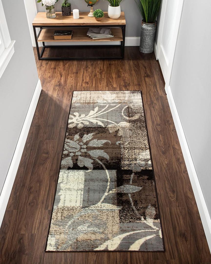 Superior Indoor Area Runner, Jute Backed, Perfect for Hallway, Entryway, Office, Living/Dining Room, Bedroom, Kitchen, Floor, Modern Floral Decor, Pastiche Collection, 2' 7" x 12', Beige