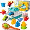 Boat Kids Bath Toy Set – 17 Pcs Toddler Pool Toys with Stacking Cups, Toy Ferry Boat, Train, 2 Cars & A Helicopter Addition for Fun Water Play, Toddler Bath Toys for 1 Year Old & Up