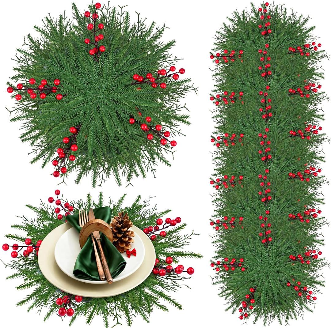 Christmas Pine Placemats Set of 6, Round Artificial Greenery Place Mats Cedar Branch Dining Table Mats with Red Berries for Holiday Table Decorations Kitchen Accessories