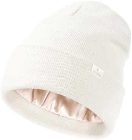 YANIBEST Womens Satin Lined Knit Beanie Hat Acrylic Winter Hats for Women Men Silk Lining Soft Slouchy Warm Cuffed Beanie Hat, L