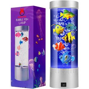 Bubble Fish Lamp with 6 Floating Fake Fish  LED Aquarium Night Light with Moving Fish and Bubbles  Cylindrical Transparent Tank, Perfect for Kids Rooms, Offices, and Living Spaces