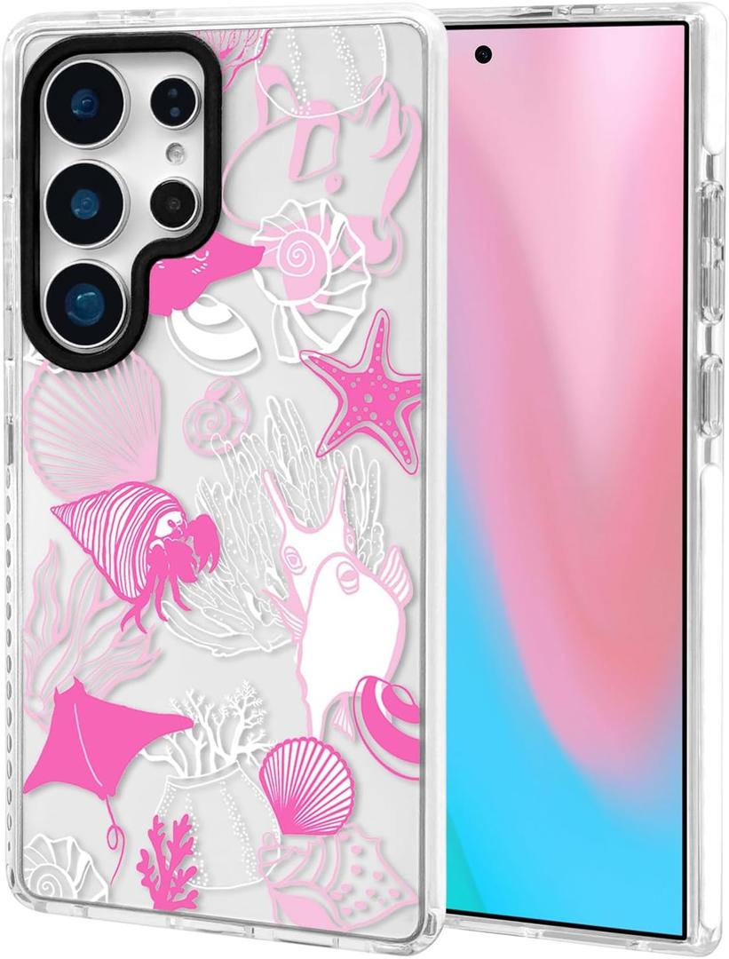 ChiCsFleur for Samsung Galaxy S23 Ultra Case, TPU Phone case with Camera Protection for Women Girls Teens - Pink Preppy Sea Manta Y2K Shell Starfish Elegant Artsy Coral Ocean Gift Aesthetic Unique