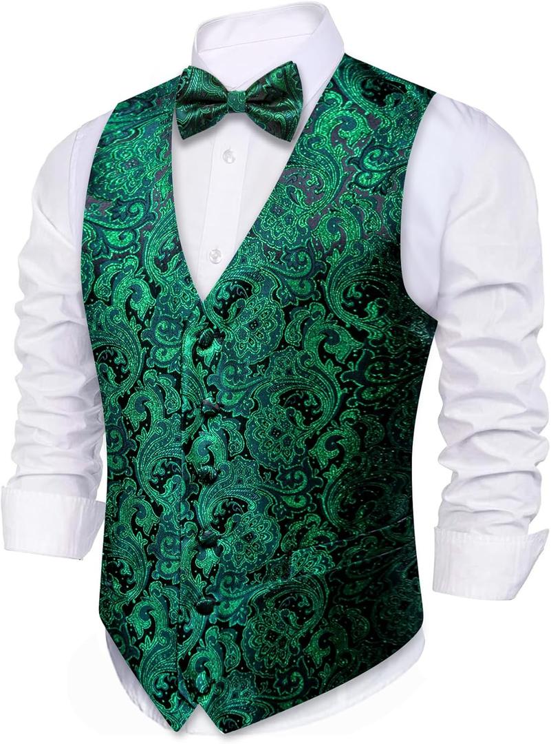 Barry.Wang Men's Waistcoat Bowtie Set Paisley Jacquard Silk V-Neck Vest Handkerchief Cufflinks Formal/Leisure Wedding Party (Emerald Green a)