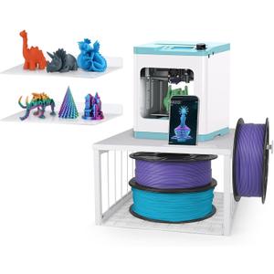 Kids 3D Printer Stand with Filaments Storage, 2-Tier Mini 3D Desktop Printer Stand with Side Spool Holder, 3D Printer Desk Organizer with 2 Pack Acrylic Shelves for Beginners, Wall-Mountable, White