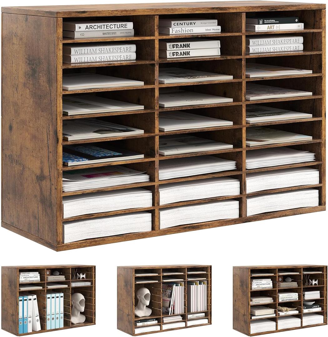 Alpeir Wood Desk Paper Organizer, Hold 13500 Sheets A4 Papers, 27 Slots Adjustable Literature Organizer with Removable Shelves, Classroom Mailbox for Teacher Student Assignment, Rustic Brown
