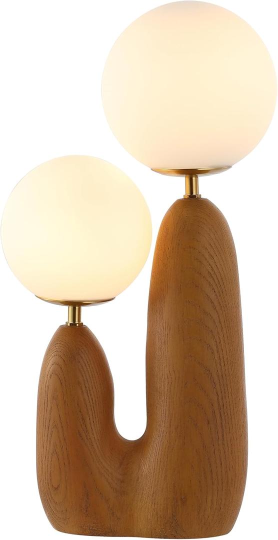 JONATHAN Y JYL4065A Oda 17.75" 2-Light Modern Bohemian Resin/Iron/Frosted Glass Danish Cactus LED Table Lamp, Brown Wood Finish, for Living Room, Office, Bedroom (Brown Wood Finish/Brass Gold)