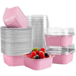 50 Pcs Mini Square Baking Cups with Lids,10oz Aluminum Foil Mini Cake Pans with Lids,Disposable Ramekins Cake Pans,300ml Dessert Cups Cupcake Pans for Wedding Birthday Party,Pink