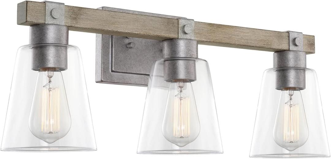 Kira Home Asher 23" 3-Light Farmhouse Vanity/Bathroom Light + Conic Glass Shades, Bleached Oak + Galvanized Steel Finish