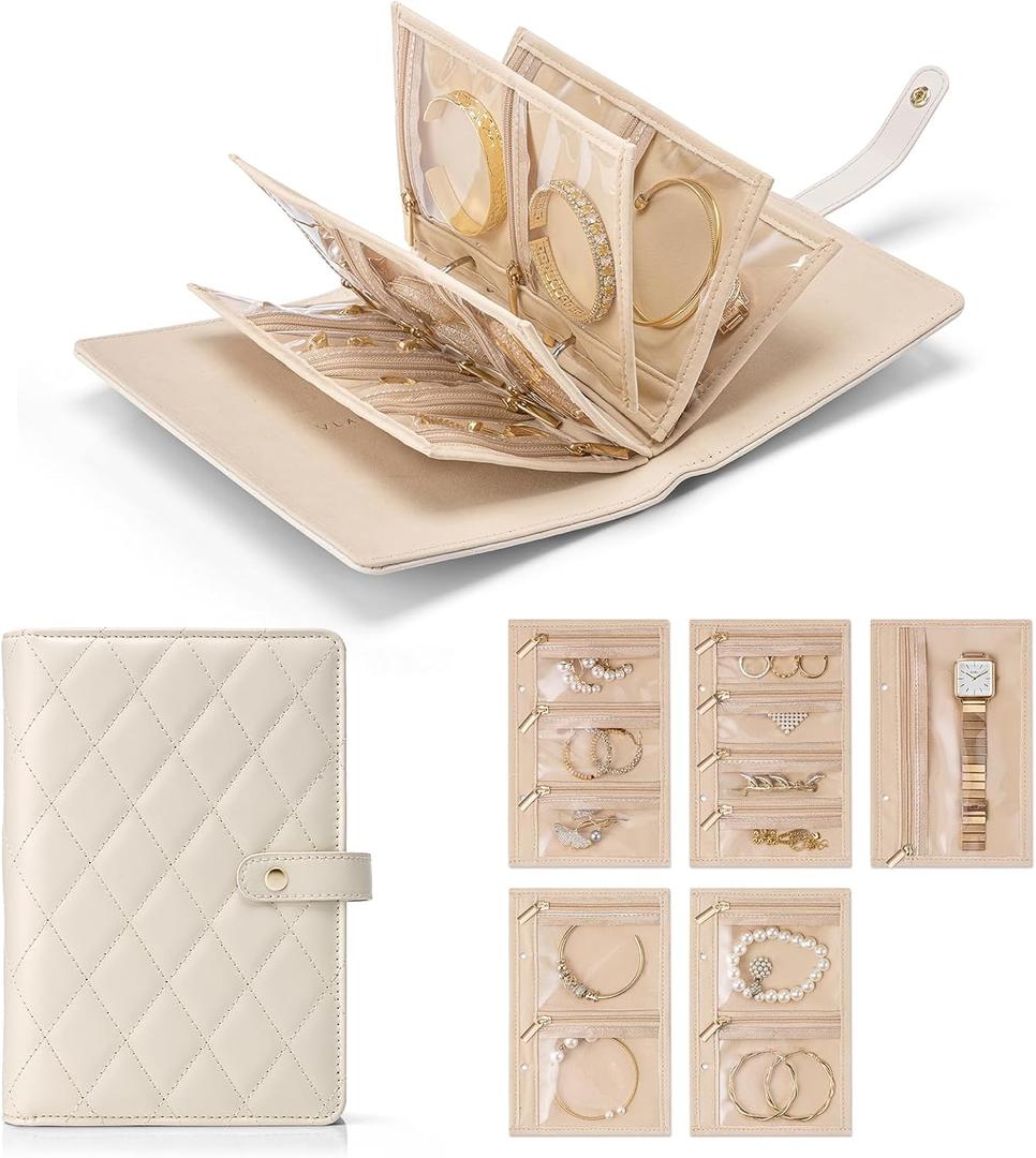 VLANDO Travel Jewelry Organizer Case,Large Jewelry Storage Book Ring Binder with Clear Zipper Velvet Jewelry Pouches Bags for Rings,Bracelet,Earrings-Cream White