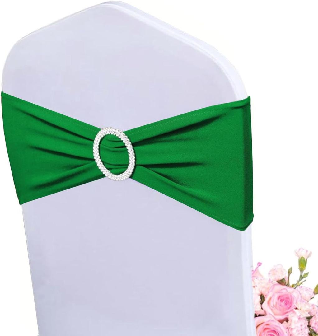 Albassa Chair Sashes Spandex Stretch Chair Bows with Buckle Slider for Wedding Party Decorations (Green, 25PCS)