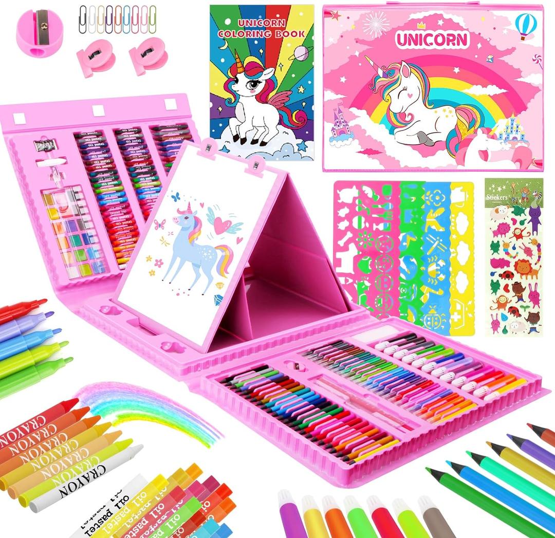 homicozy Art Supplies for Kids, Drawing Kits Unicorn Art Case Coloring Set with Double Sided Trifold Easel, Crayon, Colored Pencil, Marker, Coloring Book, Stencil, Sticker, Drawing Stuffs Gifts for Girls 4-12