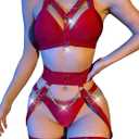 Lilosy Sexy Chain Strappy Garter Belt Women Lingerie Set Rave Outfits (Medium, Burgundy Red)