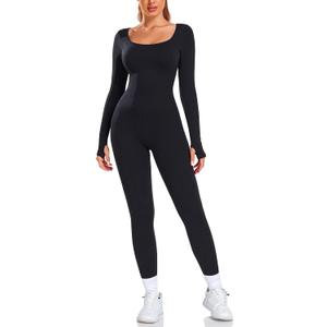 Women's Workout Jumpsuit Yoga Ribbed One Piece Outfits Athletic Tummy Control Long Sleeve Jumpsuit (Black, M)