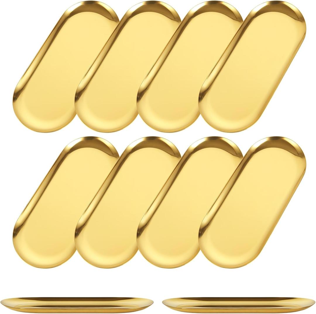 10PCS Stainless Steel Serving Tray Set Gold Platters for Serving Food Extra Small Metal Trays Decorative 7" Long Plate Oval Storage Trays Thickened Serving Dishes for Party Buffet Sushi Snack