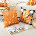 Artscope Fall Pillow Covers 20x20 Inch Set of 4, Hello Fall Hello Pumpkin Buffalo Plaid Maple Leaves Harvest Outdoor Decorative Farmhouse Pillow Cases for Home Sofa Couch-Orange B
