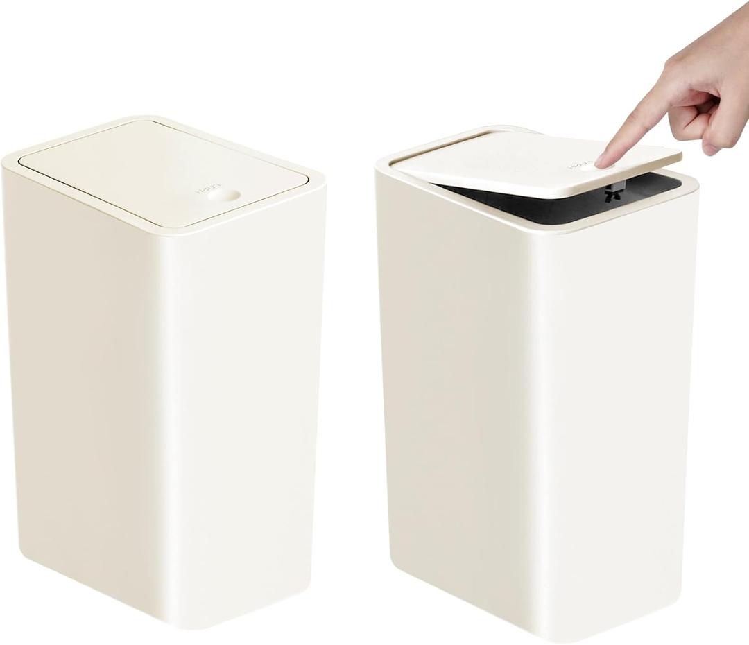 TIPGO Bathroom Trash Can with Lid, 10 Liter/ 2.6 Gallon Slim Garbage Can, Small Trash Bin Waste Basket with PopUp Lid for Kitchen, Bedroom, Living Room, Office (2 Pack, White)
