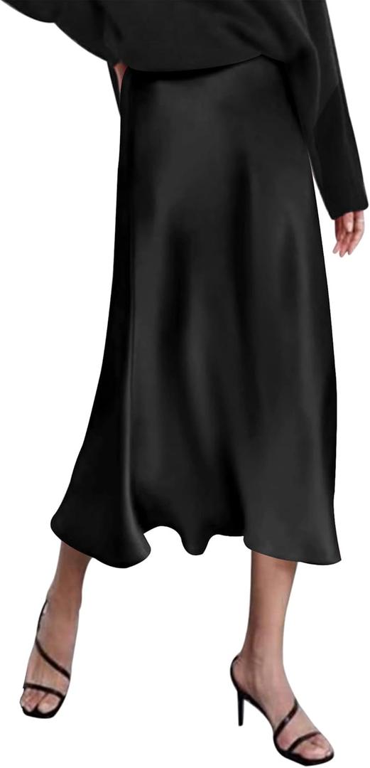 Zeagoo Skirts for Women Jacquard High Waist Skirt Black Elegant Midi Skirt Satin (X-Large)