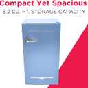 Frigidaire Retro Compact Fridge with Chiller, 3.2 cu ft Countertop Fridge with Built-In Bottle Opener, Compact Refrigerator for Office, Bedroom, Dorm Room or Cabin - 16.5" D x 19" W x 31" H (Blue)