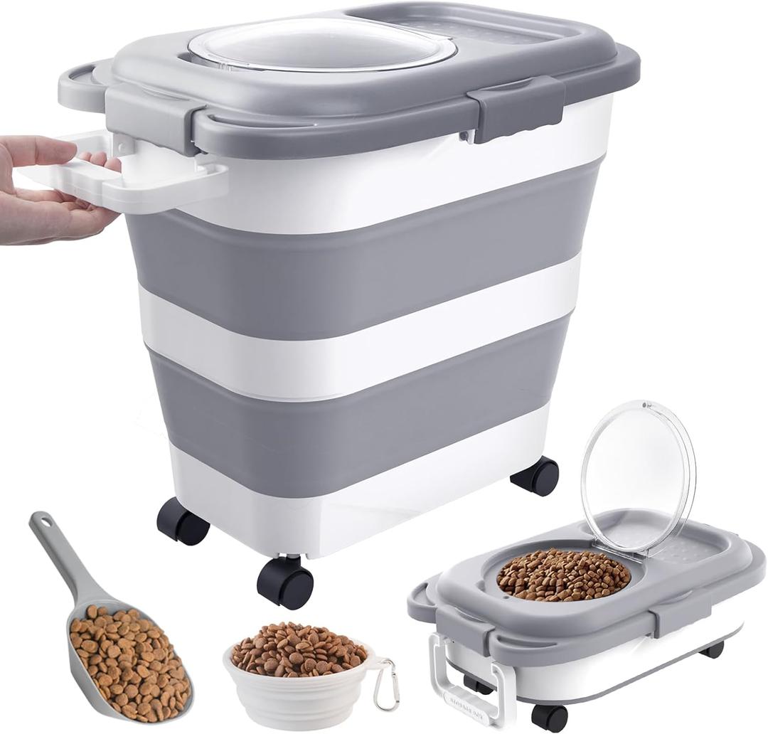 25-28 Lbs Dog Food Storage Container, Collapsible With Airtight Lids, Wheels, Handle, Large Pet Food Container With Scoop and Bowl for Dog Cat