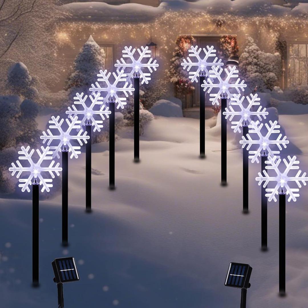 BRIGHTDECK Snowflake Solar Christmas Decorations Outdoor, 10 Pack LED, Waterproof Snowflake Pathway Lights, Stake Lights for Christmas Garden Decor (10Pcs Cold White)