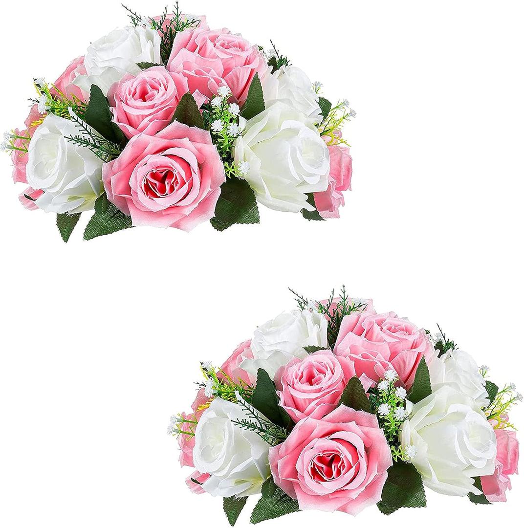Sziqiqi Pack of 2 Fake Flowers, Silk Rose Flowers, Suit for Wedding/Party Centerpiece Road Lead Flower Rack Decorations, 2 Pieces (Pink & White)
