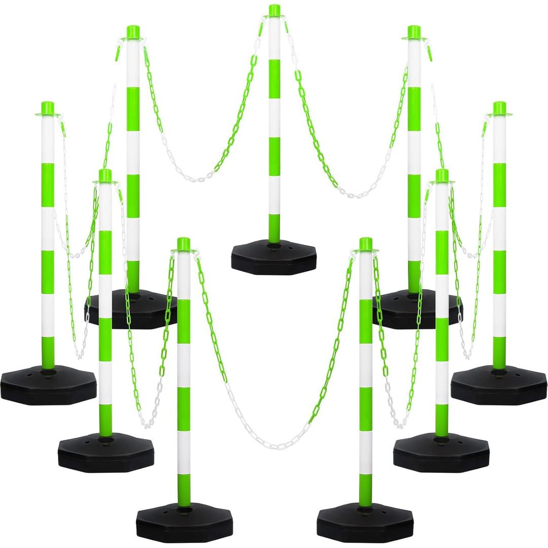 Amylove 9 Packs Traffic Delineator Post Cone with Base, Traffic Cones Safety Cones Caution Cones Plastic Stanchion Chain Safety Barriers with 6.6 Feet Link Chain and S Hooks for Parking Lot (Green)