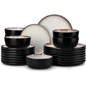 vancasso Plates and Bowls Sets, 24 Pieces Stoneware Dinnerware Sets for 8, Kitchen Dish Set Mircowave and Dishwasher Safe Ceramic Dishware, Light Cream, Series AMBER