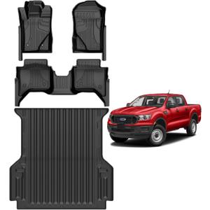 AOMSAZTO Floor Mats and 5FT Truck Bed Mat for 2024 2025 Ford Ranger SuperCrew Cab - 1st & 2nd Row Full Set Car Accessories Custom Fit All Weather Cargo Liner for Ford Ranger - Black