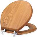Wood Toilet Seat Round, Wooden Round American Standard Toilet Seat with Durability Metal Chrome Hinges, Natural Wood Veneer Oak Cover