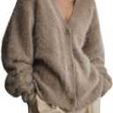 chouyatou Women Furry Open Front Cardigan V-Neck Loose Casual Fluffy Knit Button Down Sweater Coat (Large, Brown)