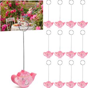 Weysat 12 Pcs Teapot Place Card Holders Tea Floral Party Wooden Place Card Holder Teapot Table Number Photo Picture Sign Stands for Wonderland Tea Party Table Decor Holiday Baby Shower