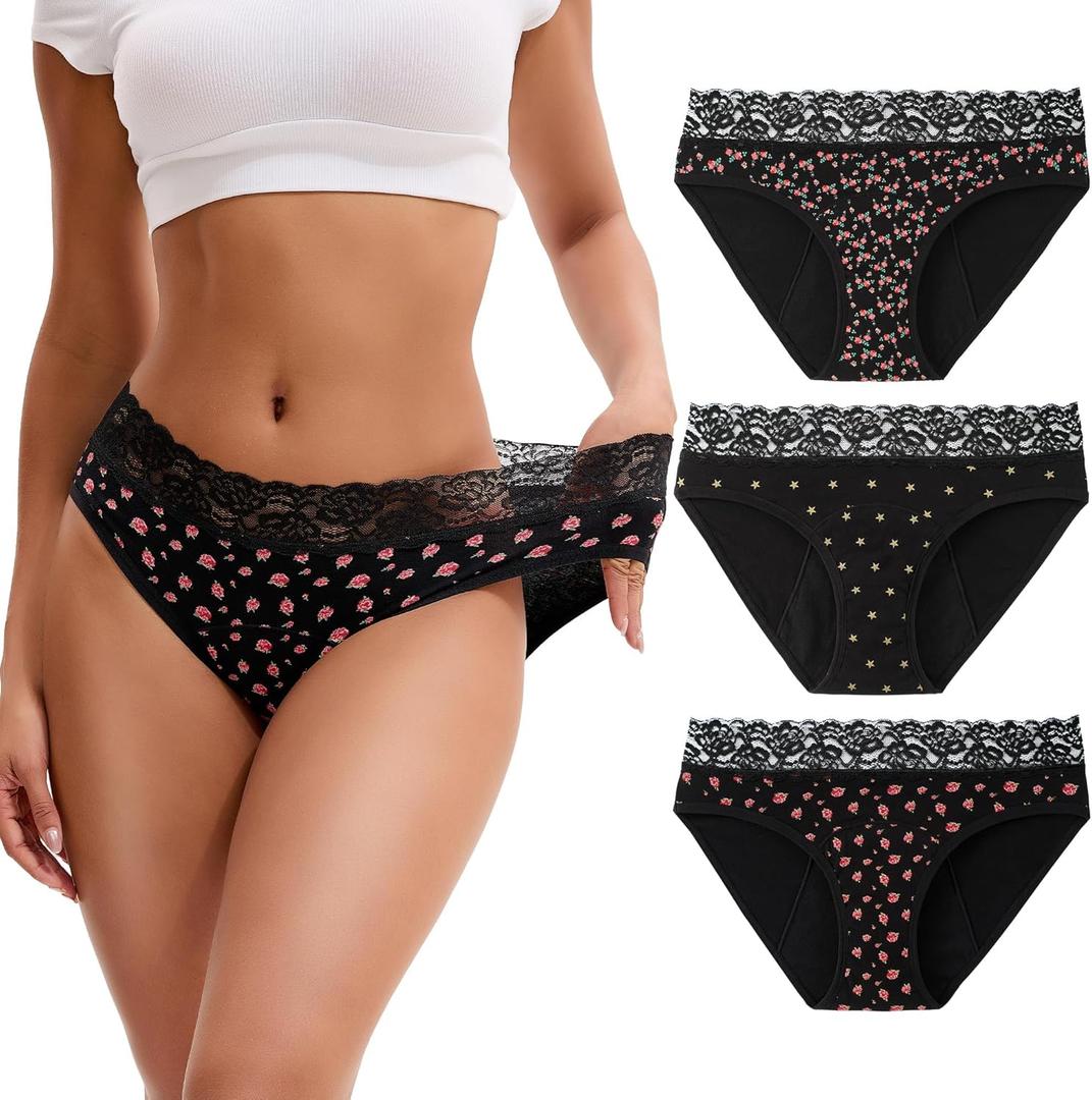 INNERSY Period Underwear for Women Cotton Lace Leakproof Menstrual Hipster Panties Bikini Briefs 3-Pack (Medium, Blossom Star)