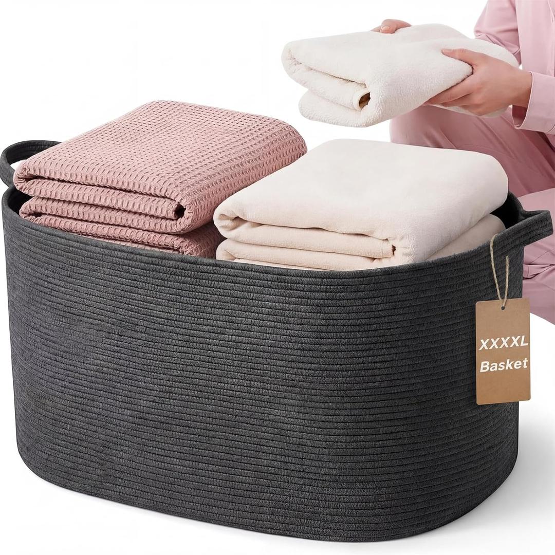 XXXXL 125L Extra Large Woven Blanket Basket, 25" x 18" x 17" Jumbo Cotton Rope Storage Basket with Handles Toy Storage Bins for Laundry Hamper Nursery Organizer Living Room Home(Dark Gray)