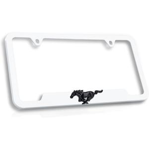 Ford Mustang Plastic License Plate Frame Tag Holder with 3D Emblem (WHITE)