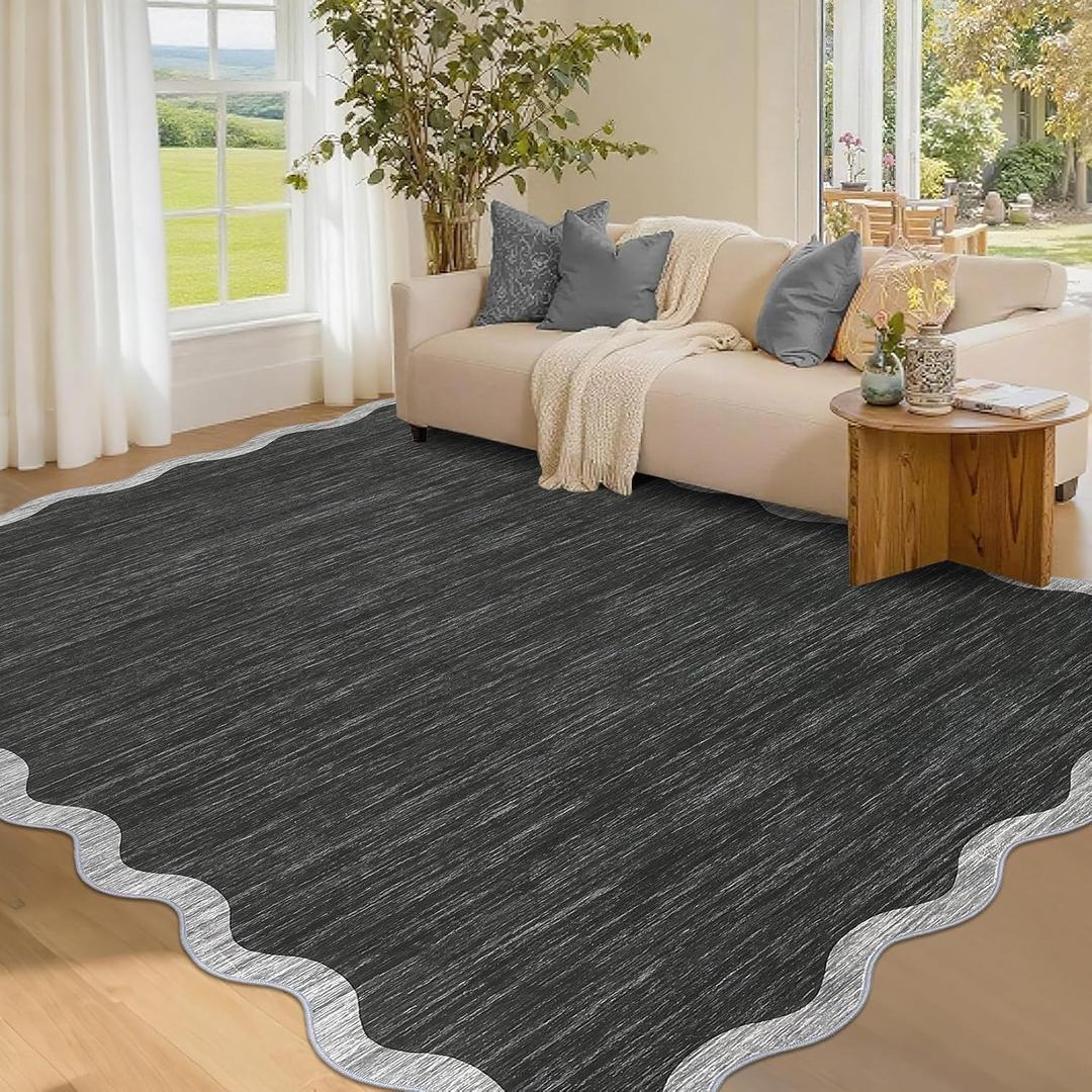 GarveeHome Scalloped Area Rug 4x6 - Washable Boho Bordered Non-Slip Entryway Rug, Neutral Farmhouse Living Room Rug Soft Throw Rugs for Entrance Hallway Bedroom Kitchen Nursery, Black