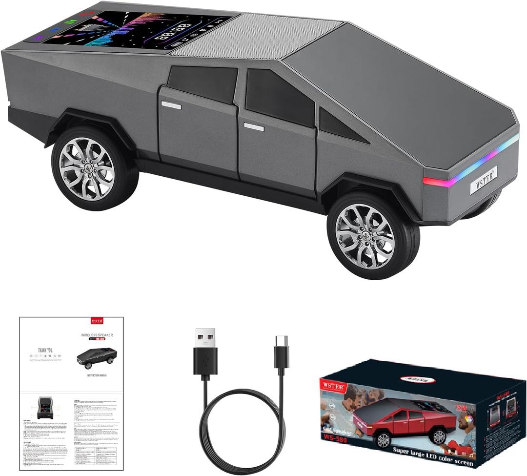WS-580 Cybertruck Portable Bluetooth Speaker, Replica Car with Display Screen, HD Sound, TWS Pairing, FM Radio, Built-in Mic, Remote Selfie Control, LED Party Light, Gift for Car Lovers (Gray)
