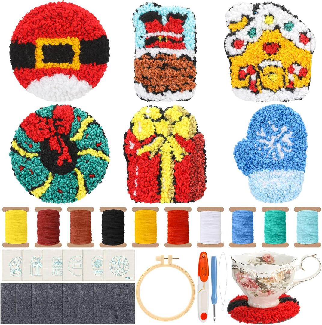 Mindsoft 6 Pcs Christmas Punch Needle Kits for Adults Beginners Punch Needle Coaster Xmas Embroidery Kit with 6 Patterns Yarn Tools Felt Embroidery Hoop Instruction for DIY Christmas Craft Night Ideas