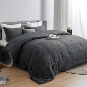 HOMBYS 3 Piece Seersucker Oversized King Comforter Set 120x120, Breathable Grey Soft Comforter Set, Lightweight Bedding Comforter Sets with Comforter for All Season (Dark Grey)