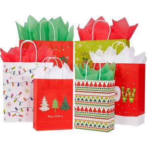 SUNCOLOR Pack of 24 Christmas Gift Bags Assorted Sizes With Tissue paper (8 Large 13", 8 Medium 11", 8 Small 9") (Red/White/Green)