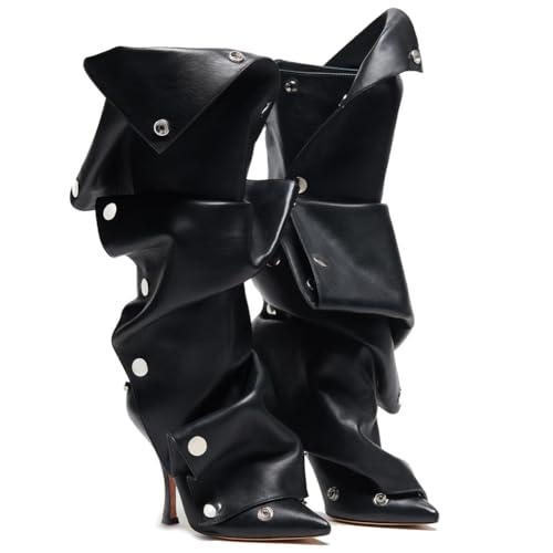 VOMIRA Women's Knee High Boots Stiletto Boots Pointed Toe High Heels Wide Calf Ruched Slouchy Boots Detachable Snap-off Panel Mid Calf Boots Black Boots, Size: 8.5