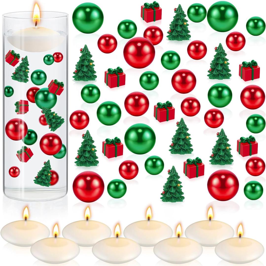 124 Pcs Christmas Vase Filler Pearls for Vase Filler Christmas Table Decor Floating Candles Centerpiece with 8 Floating Candles for Table Party Festival Decor, Not Included Clear Beads(Tree, Box)