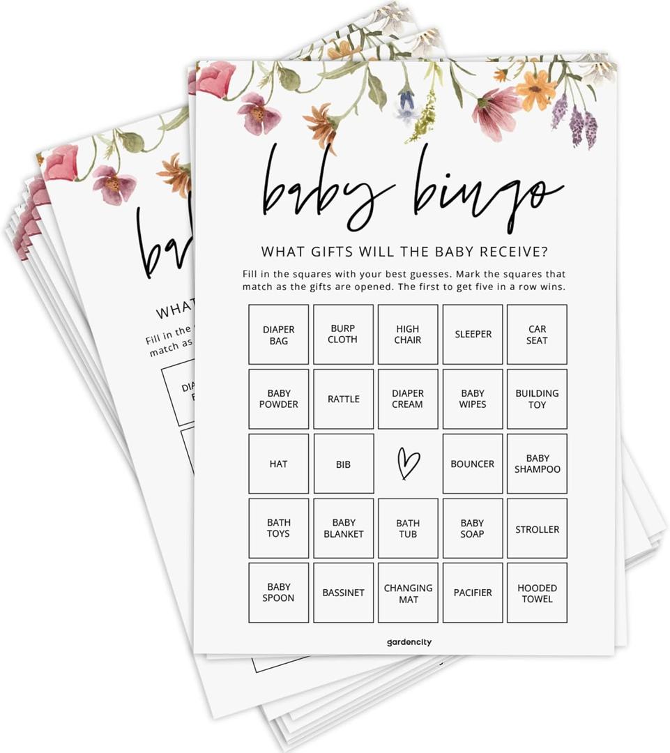 GardenCity Baby Bingo, Fun Baby Shower Games for Girl (50 Unique Cards), Pre-Filled, Perforated Calling Cards, Gender Neutral (Wildflower)