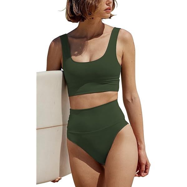 Women's High Waisted Bikini Sets Sporty 2 Piece Swimsuits Middle Cut Bathing Suits Green, Size 12