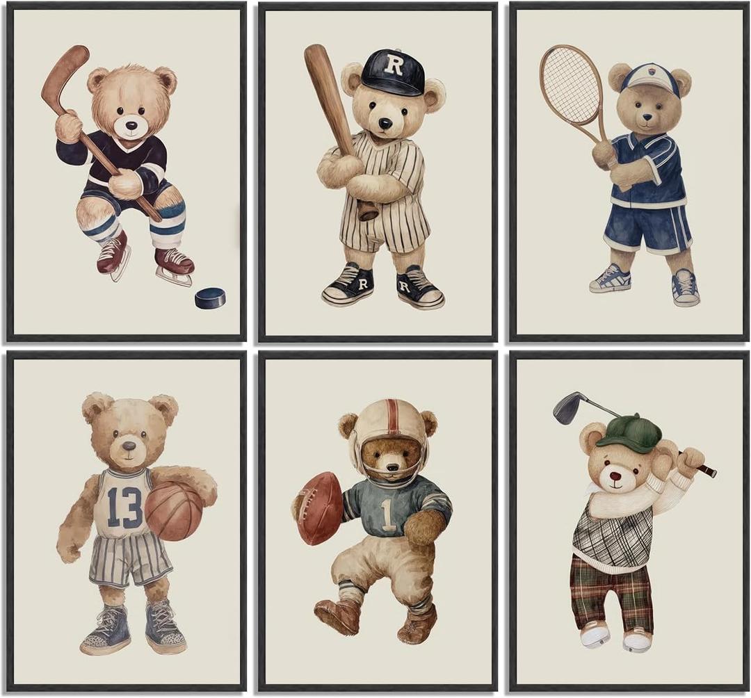 6pcs Teddy Bear Sports Wall Art Vintage Animal Nursery Wall Decor Pictures Boy Sports Rugby Baseball Poster Printing Artwork for Children Bedroom Kids Boy Room Game Room Home Decoration 8X10IN (10L"x8W", brown)