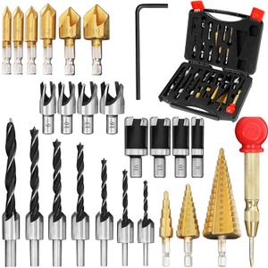 LAMPTOP 26-Pack Woodworking Tools and Accessories Including Countersink Drill Bits, 3-Pointed Countersink Drill Bit with L-Wrench, Wood Plug Cutter, Step Drill Bit, and Automatic Center Punch